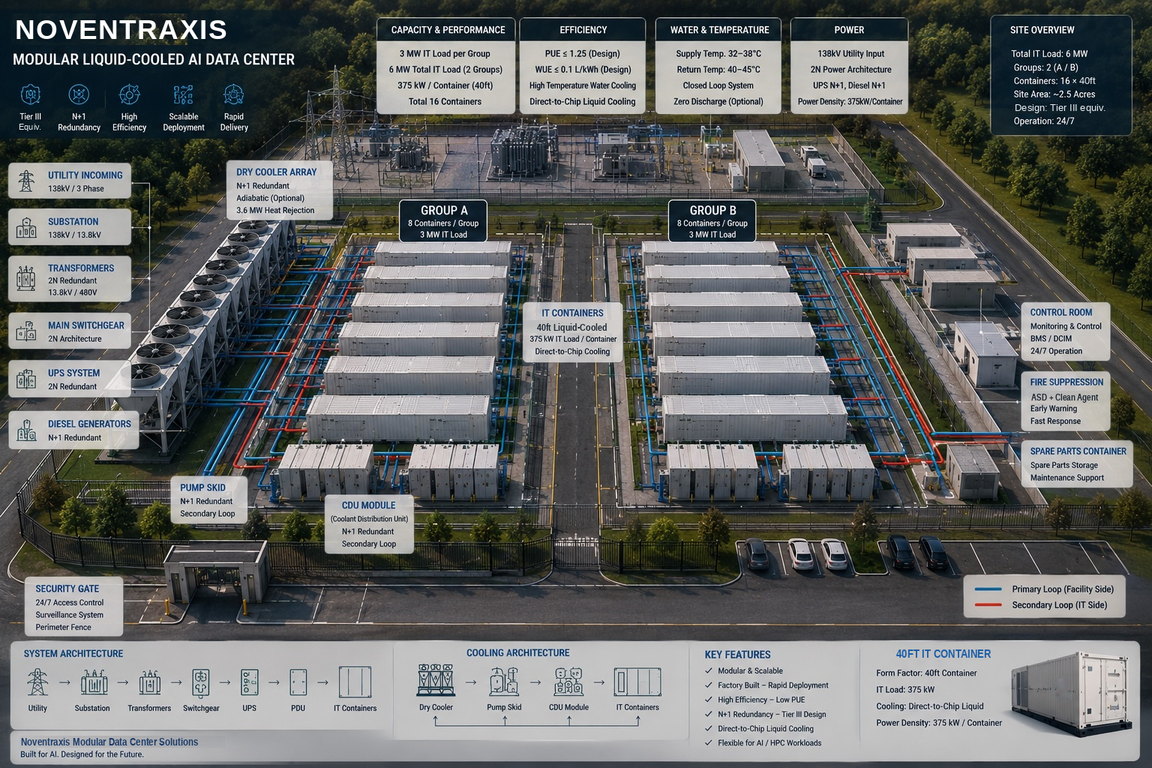 Annotated site overview of a modular liquid-cooled AI data centre: two groups of eight 40ft IT containers, a dry cooler array, pump skids and CDU modules, substation and transformer yard, control room, fire suppression and spare parts containers, with primary and secondary coolant loops marked in blue and red.